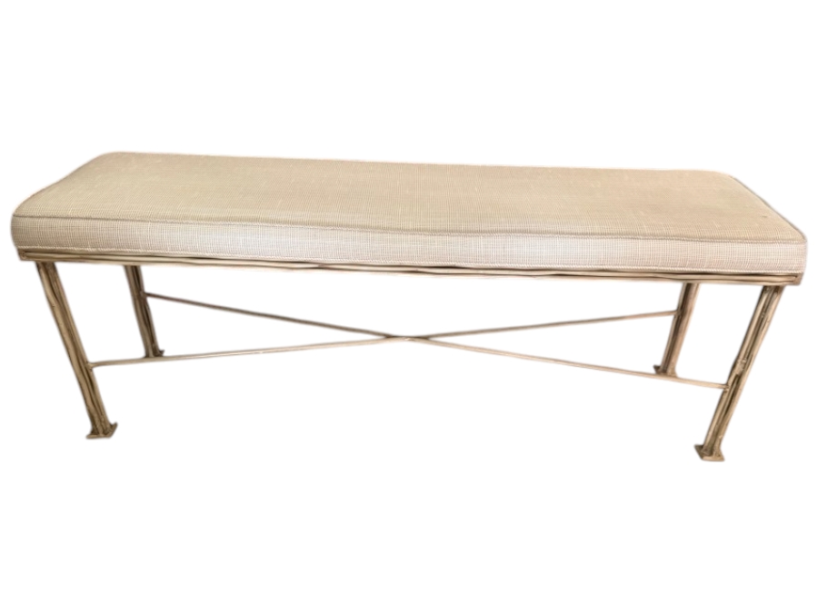 Contemporary Faux-Bamboo Gilt Metal Upholstered Bench 54'W X 15'D X 20'H