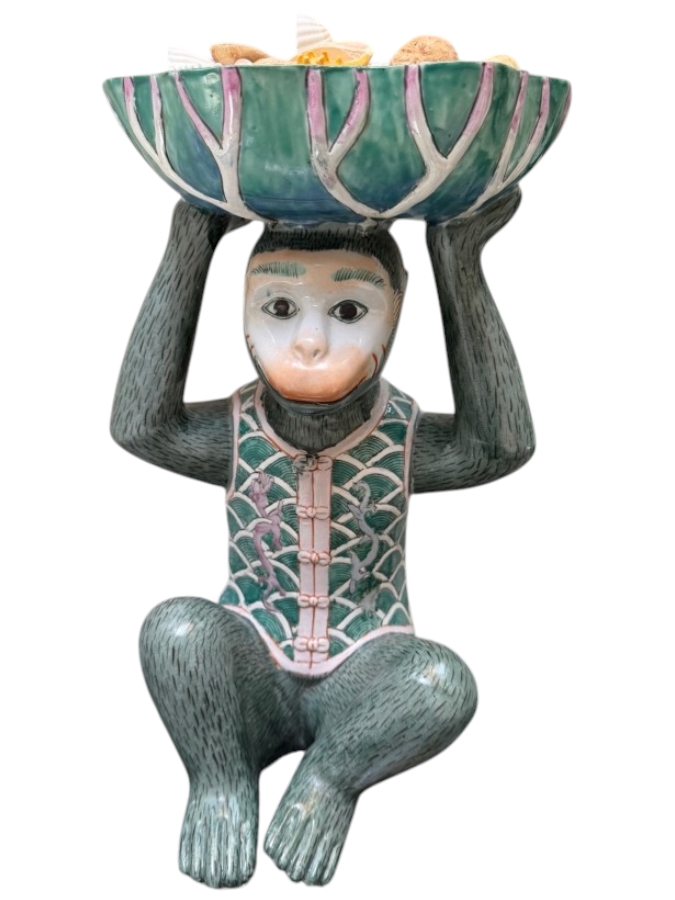 Vintage Andrea By Sadek Chinoiserie Porcelain Monkey Butler Pedestal Catchall Bowl With Shells 14'H