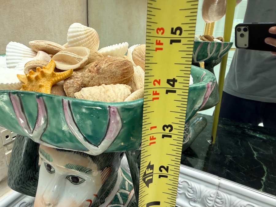 Vintage Andrea By Sadek Chinoiserie Porcelain Monkey Butler Pedestal Catchall Bowl With Shells 14'H [Photo 6]