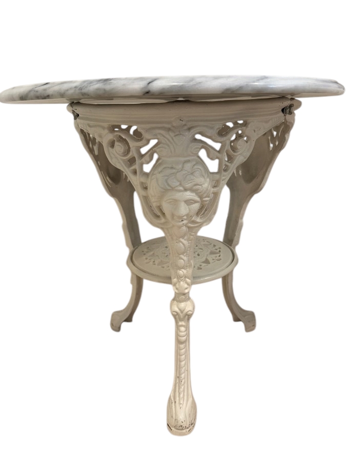 Victorian Neoclassical White Painted Cast Iron And Marble Britannia Pub Table 23.5'W X 25.5'H