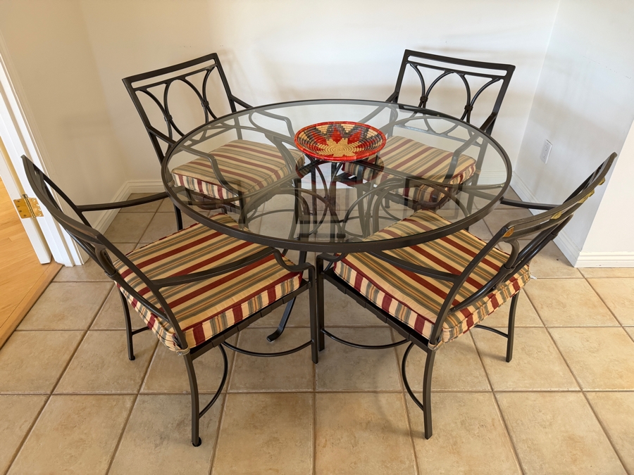 Tropitone Five-Piece Round Glass-Top Dinette Dining Set With Four Chairs and Striped Cushions 48' X 28' In Mint Condition Stored Inside [Photo 3]