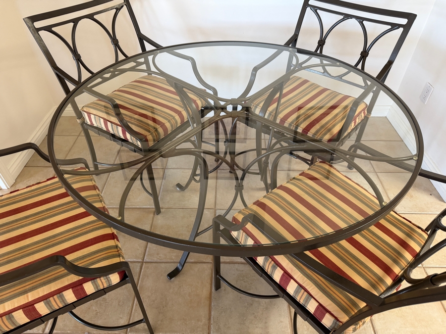 Tropitone Five-Piece Round Glass-Top Dinette Dining Set With Four Chairs and Striped Cushions 48' X 28' In Mint Condition Stored Inside [Photo 7]