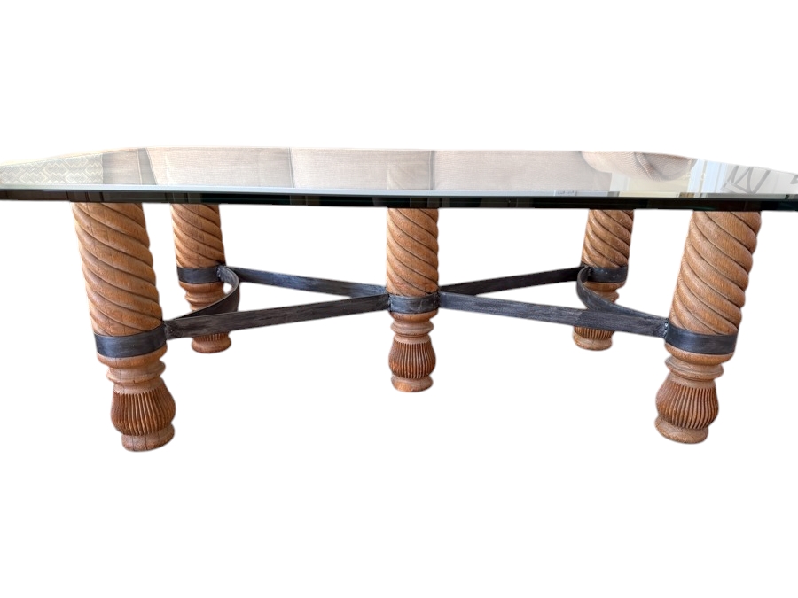 Barley-Twist Wood And Wrought Iron Glass Coffee Table 36' X 54'