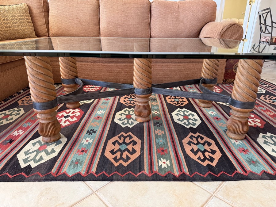 Barley-Twist Wood And Wrought Iron Glass Coffee Table 36' X 54' [Photo 4]