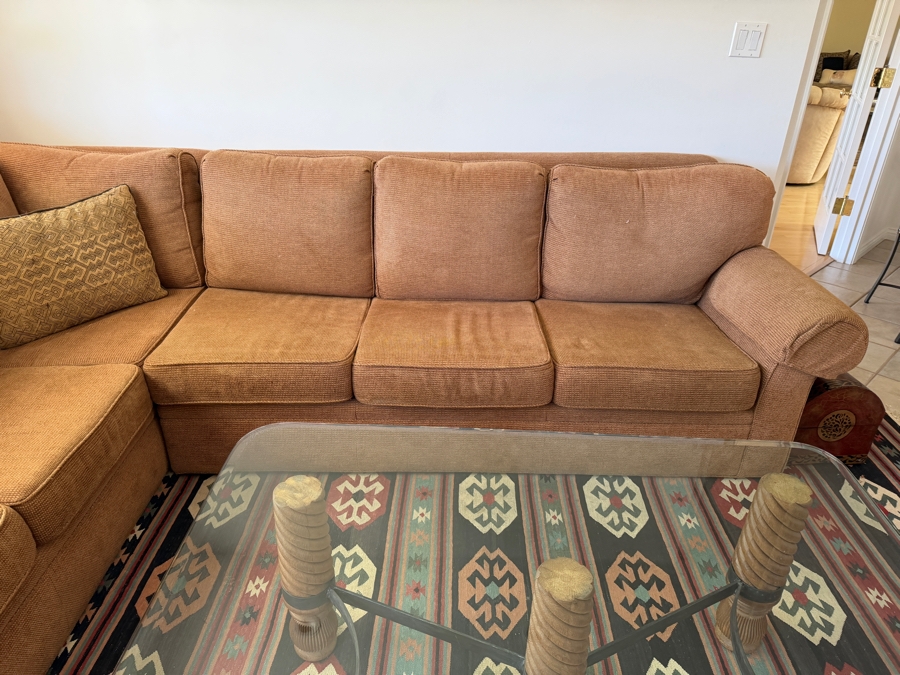 Kravet Furniture Custom Serenade Terracotta Chenille Fabric L-Shaped Sectional Sofa With Rolled Arms (Color Closest to 2nd and 3rd Photos) 95' X 120' X 38' Retailed $6,000 [Photo 3]