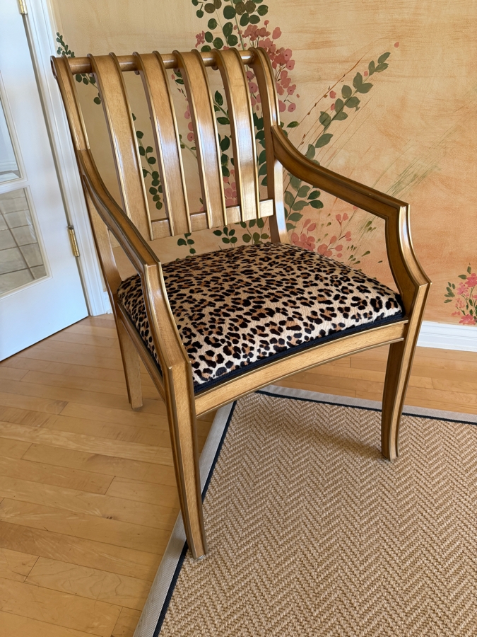 Hollywood Regency Slatted-Back Armchair With Leopard Print Seat 22'W X 28'D X 36'H
