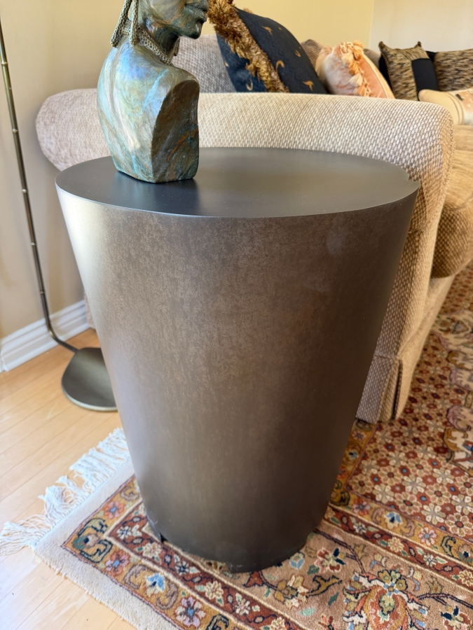 Contemporary Minimalist Tapered Cylindrical Bronze Finished Metal Drum Side Table 18'W X 24'H