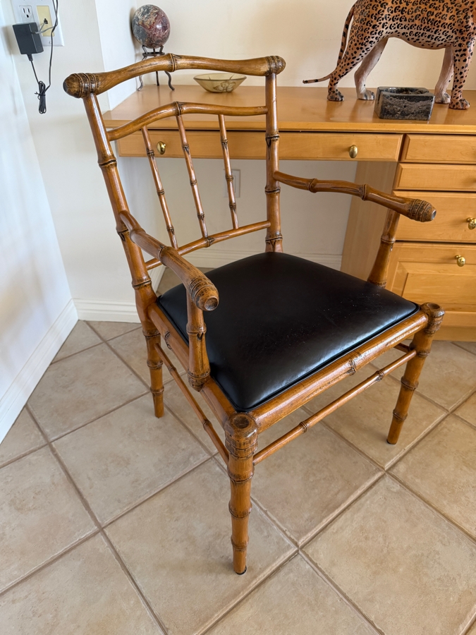 Hollywood Regency Carved Faux Bamboo Wood Armchair Made In USA With Black Leather Cushion 23'W X 26'D X 35'H (Retailed $700) [Photo 4]