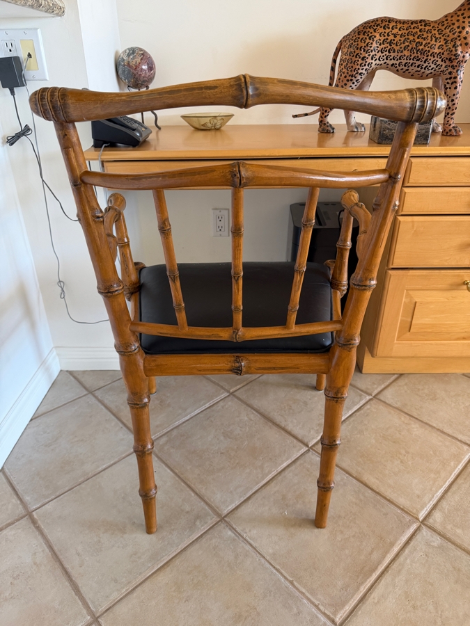 Hollywood Regency Carved Faux Bamboo Wood Armchair Made In USA With Black Leather Cushion 23'W X 26'D X 35'H (Retailed $700) [Photo 3]