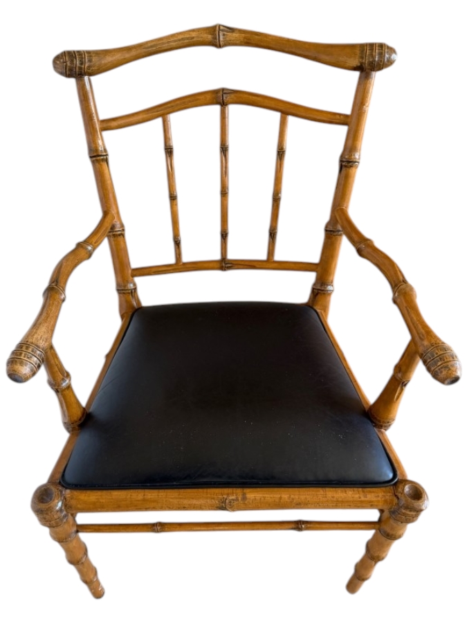 Hollywood Regency Carved Faux Bamboo Wood Armchair Made In USA With Black Leather Cushion 23'W X 26'D X 35'H (Retailed $700)