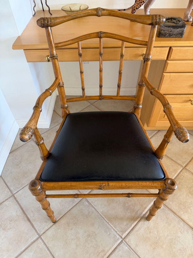 Hollywood Regency Carved Faux Bamboo Wood Armchair Made In USA With Black Leather Cushion 23'W X 26'D X 35'H (Retailed $700) [Photo 2]