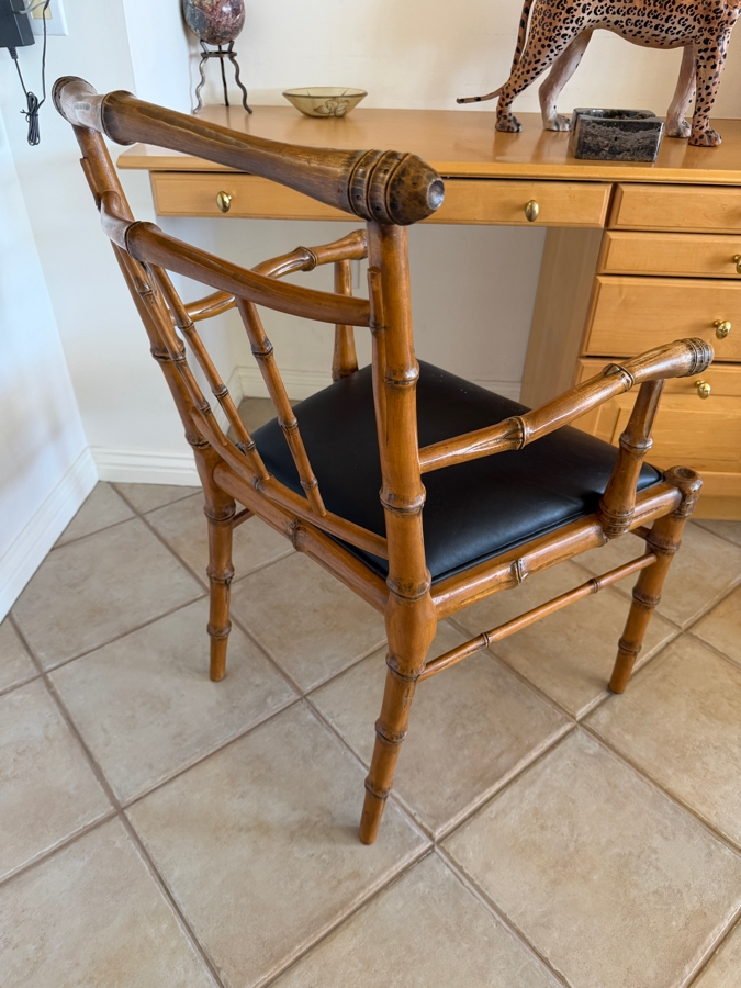 Hollywood Regency Carved Faux Bamboo Wood Armchair Made In USA With Black Leather Cushion 23'W X 26'D X 35'H (Retailed $700) [Photo 5]