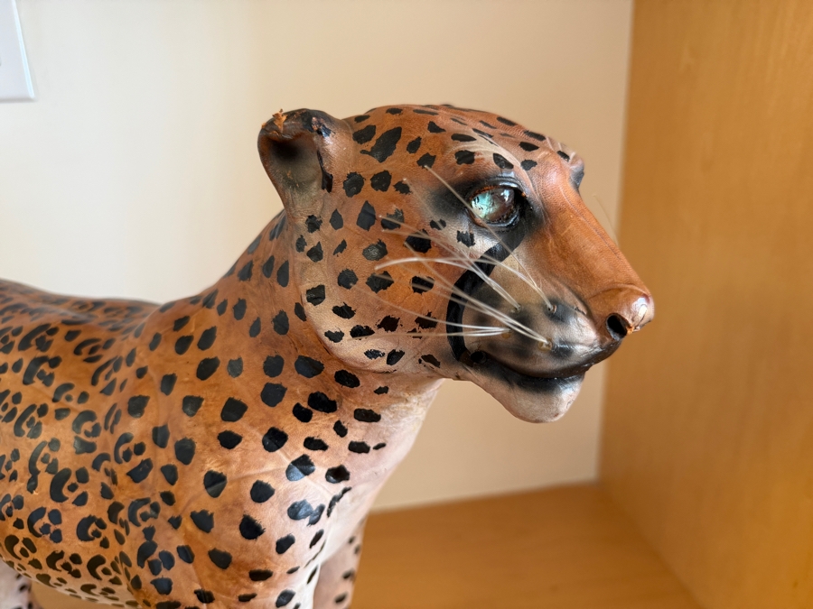 Vintage Hand-Painted Leather-Wrapped Standing Leopard Sculpture Made In India 22' X 15' [Photo 4]