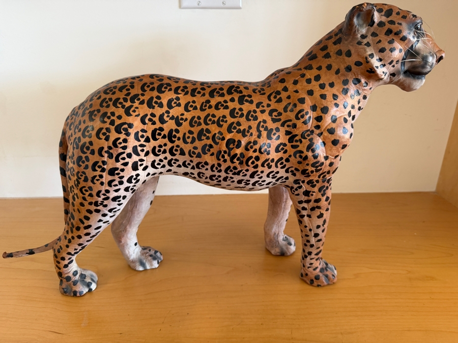 Vintage Hand-Painted Leather-Wrapped Standing Leopard Sculpture Made In India 22' X 15' [Photo 3]