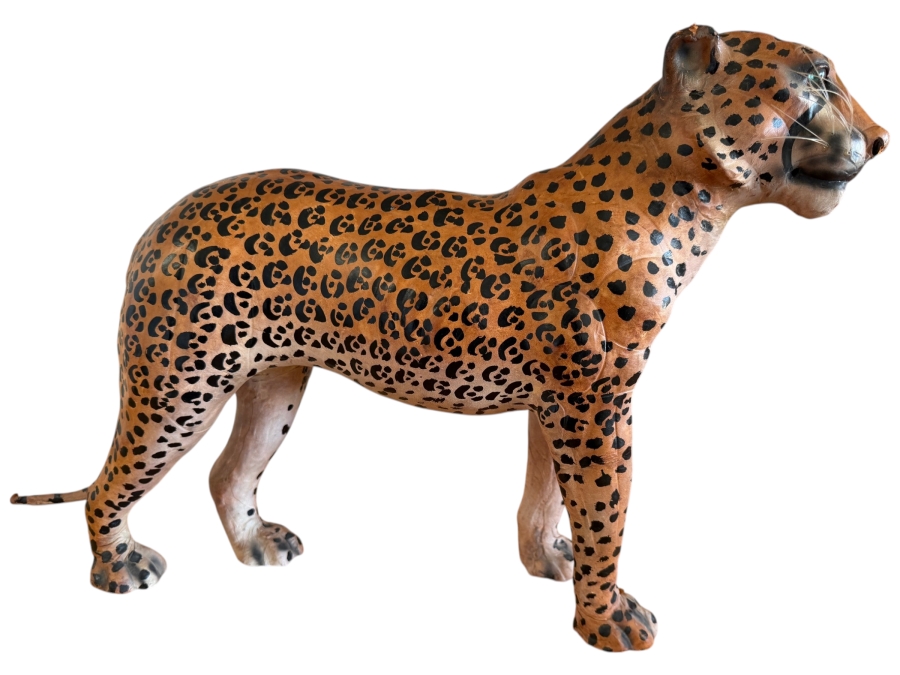 Vintage Hand-Painted Leather-Wrapped Standing Leopard Sculpture Made In India 22' X 15'