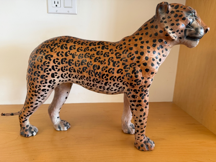Vintage Hand-Painted Leather-Wrapped Standing Leopard Sculpture Made In India 22' X 15' [Photo 2]