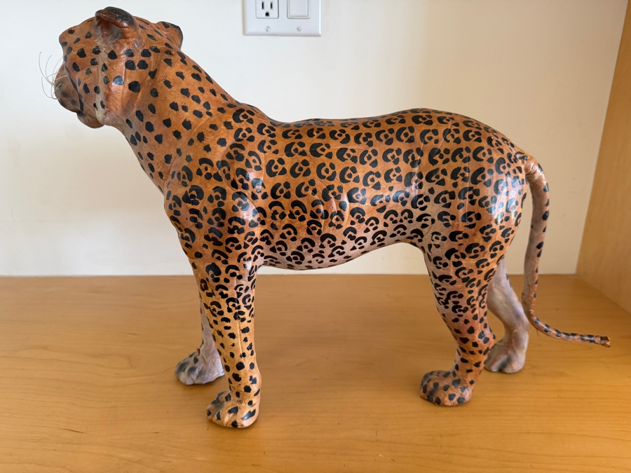 Vintage Hand-Painted Leather-Wrapped Standing Leopard Sculpture Made In India 22' X 15' [Photo 6]