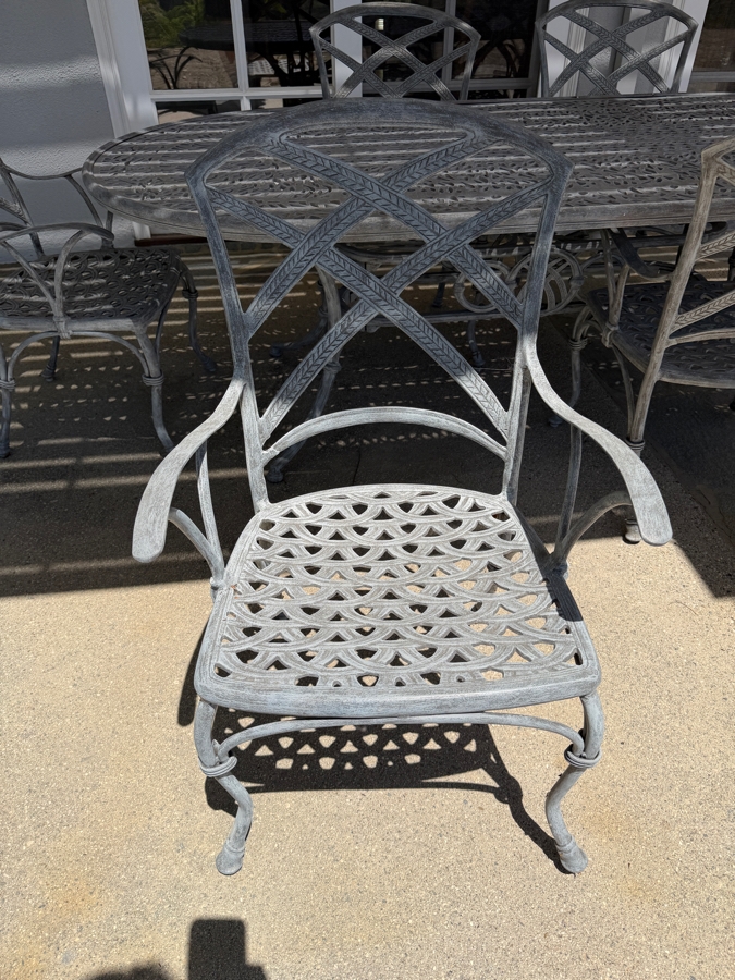 Bonaparte Cast Aluminum Oval Patio Dining Table And Six Cross-Back Armchairs With Cushions (See Photos for Cushions Not Shown in Main Photo) 84'W X 43'D X 29'H Retailed for $3,400 [Photo 11]