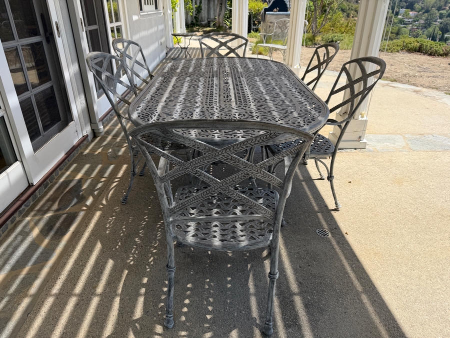 Bonaparte Cast Aluminum Oval Patio Dining Table And Six Cross-Back Armchairs With Cushions (See Photos for Cushions Not Shown in Main Photo) 84'W X 43'D X 29'H Retailed for $3,400 [Photo 6]