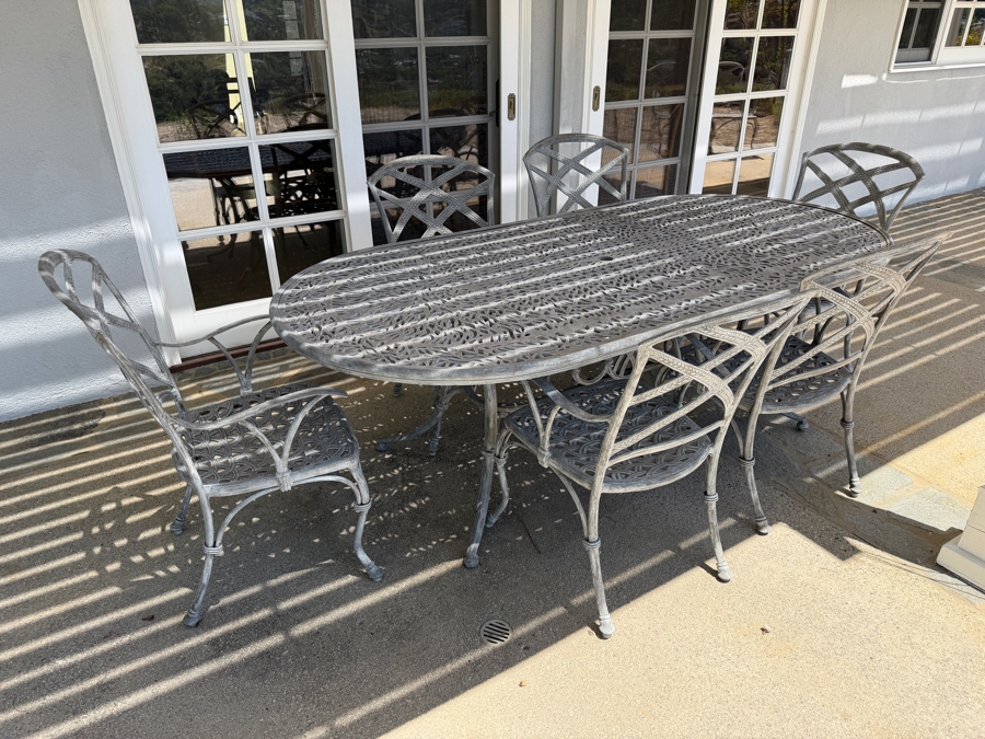 Bonaparte Cast Aluminum Oval Patio Dining Table And Six Cross-Back Armchairs With Cushions (See Photos for Cushions Not Shown in Main Photo) 84'W X 43'D X 29'H Retailed for $3,400 [Photo 4]