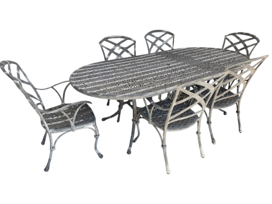 Bonaparte Cast Aluminum Oval Patio Dining Table And Six Cross-Back Armchairs With Cushions (See Photos for Cushions Not Shown in Main Photo) 84'W X 43'D X 29'H Retailed for $3,400 [Photo 3]