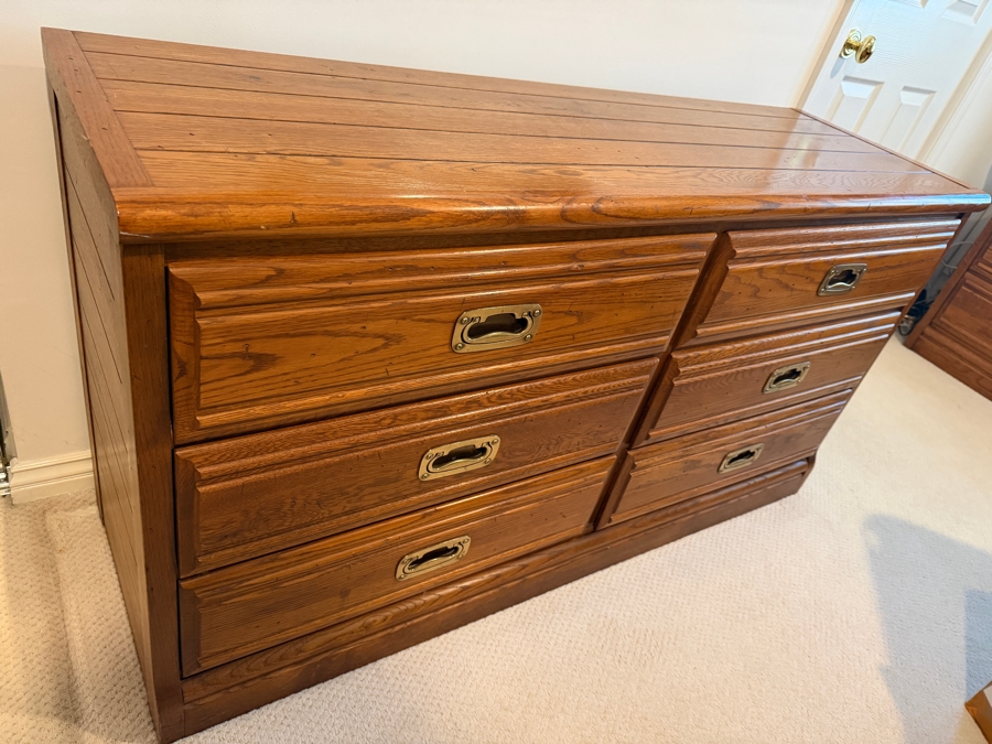 Young-Hinkle Oak Six-Drawer Campaign Dresser With Recessed Brass Pulls 56'W X 18'D X 30'H [Photo 3]
