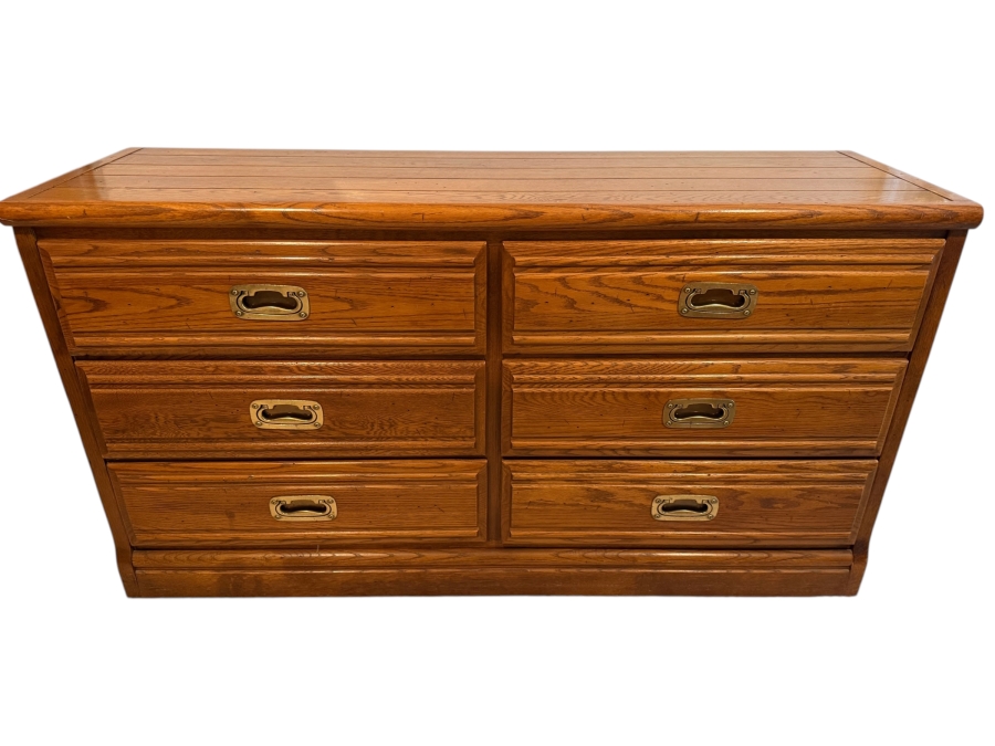 Young-Hinkle Oak Six-Drawer Campaign Dresser With Recessed Brass Pulls 56'W X 18'D X 30'H