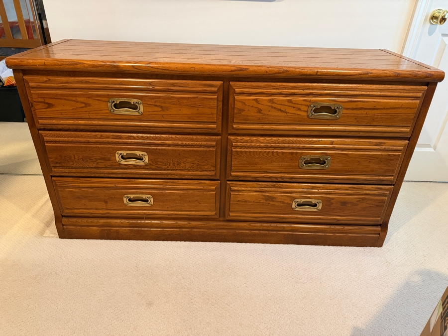 Young-Hinkle Oak Six-Drawer Campaign Dresser With Recessed Brass Pulls 56'W X 18'D X 30'H [Photo 2]