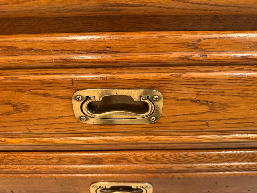 Young-Hinkle Oak Six-Drawer Campaign Dresser With Recessed Brass Pulls 56'W X 18'D X 30'H [Photo 4]