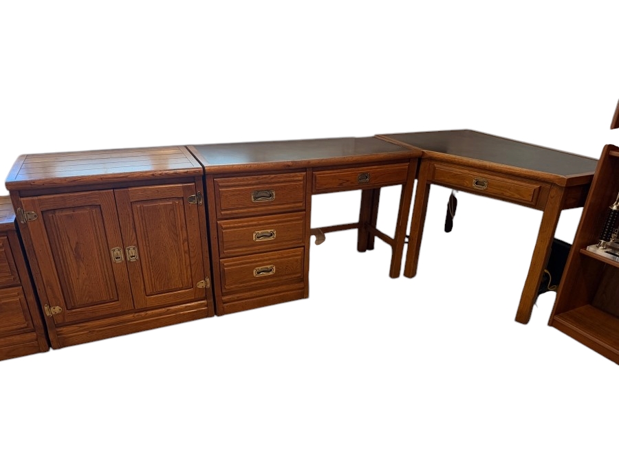 Young-Hinkle Oak Three-Piece Campaign Modular Desk and Credenza Office Suite - See Photos For Dimensions