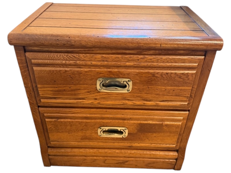 Young-Hinkle Oak Two-Drawer Campaign Nightstand Side Table 24.5'W X 16'D X 24'H