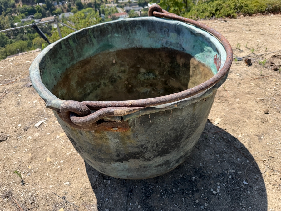 Large Antique Hand-Forged Patinated Copper Apple Butter Cauldron Kettle With Iron Bail Handle (Has a Few Holes in Bottom - See Photos) 28'W X 18'H [Photo 6]