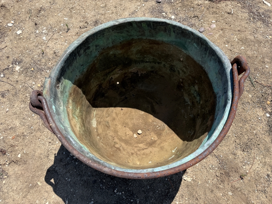 Large Antique Hand-Forged Patinated Copper Apple Butter Cauldron Kettle With Iron Bail Handle (Has a Few Holes in Bottom - See Photos) 28'W X 18'H [Photo 4]