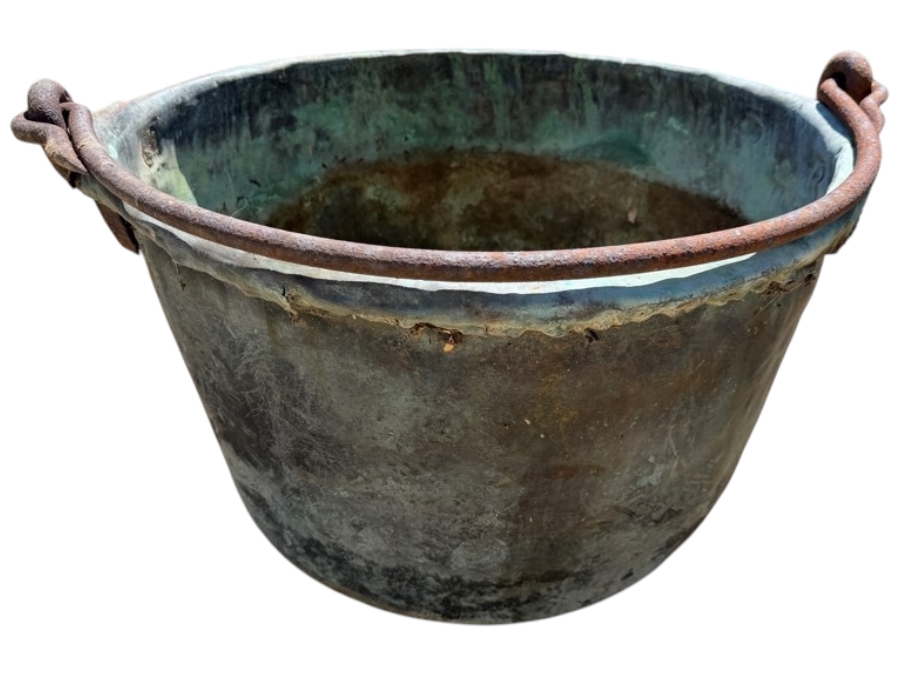 Large Antique Hand-Forged Patinated Copper Apple Butter Cauldron Kettle With Iron Bail Handle (Has a Few Holes in Bottom - See Photos) 28'W X 18'H [Photo 8]