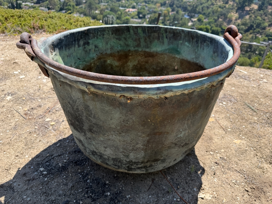 Large Antique Hand-Forged Patinated Copper Apple Butter Cauldron Kettle With Iron Bail Handle (Has a Few Holes in Bottom - See Photos) 28'W X 18'H [Photo 3]