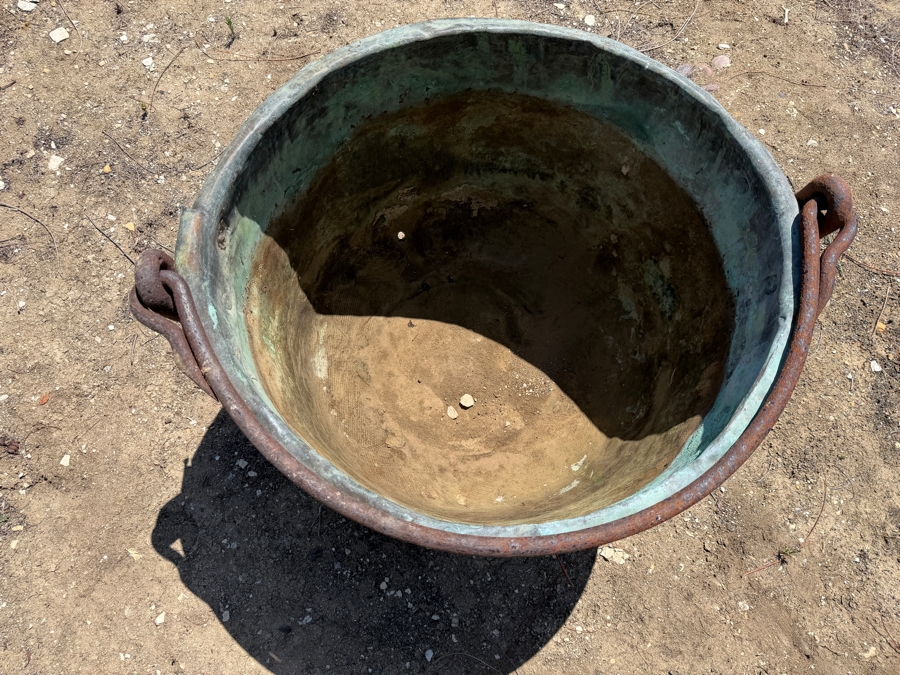 Large Antique Hand-Forged Patinated Copper Apple Butter Cauldron Kettle With Iron Bail Handle (Has a Few Holes in Bottom - See Photos) 28'W X 18'H [Photo 7]