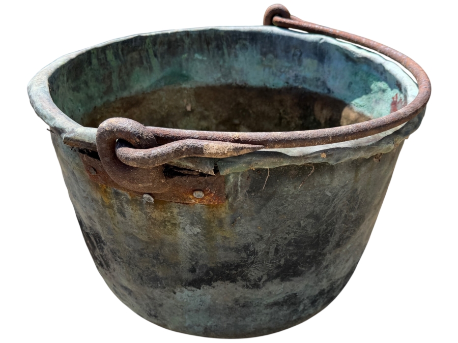 Large Antique Hand-Forged Patinated Copper Apple Butter Cauldron Kettle With Iron Bail Handle (Has a Few Holes in Bottom - See Photos) 28'W X 18'H