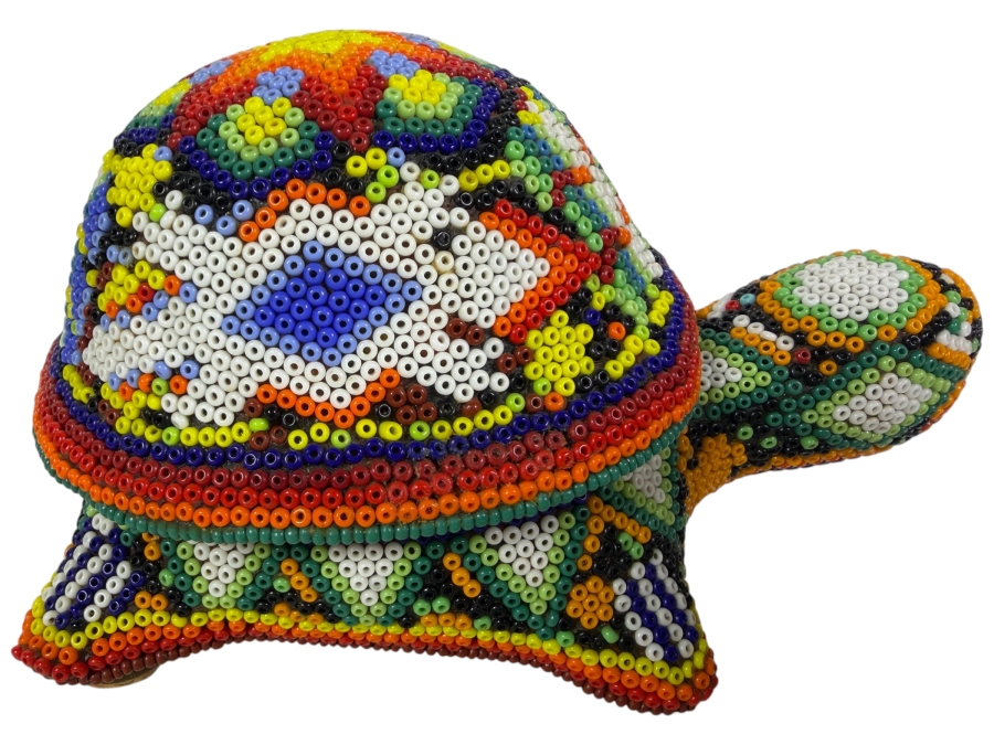 Mexican Wixárika Huichol Hand-Beaded Terracotta Turtle Lidded Trinket Box 5'L