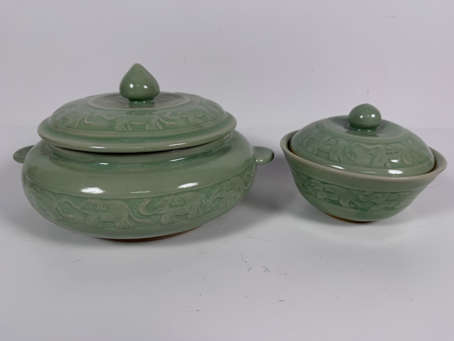 Just Added - Pair of Baan Celadon Ceramic Covered Bowls from Thailand 10W and 6W [Photo 2]