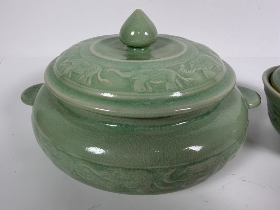Just Added - Pair of Baan Celadon Ceramic Covered Bowls from Thailand 10W and 6W [Photo 3]