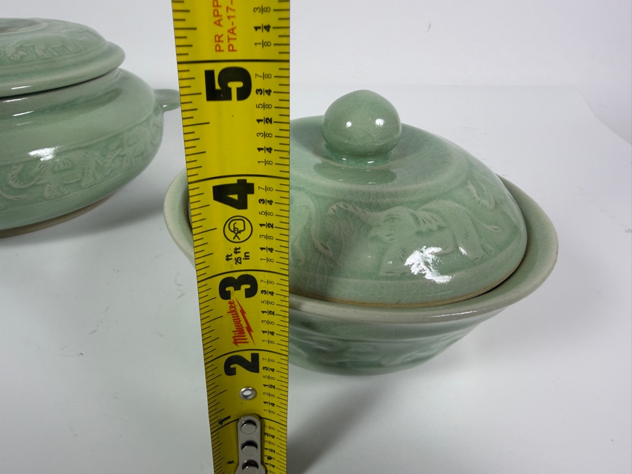 Just Added - Pair of Baan Celadon Ceramic Covered Bowls from Thailand 10W and 6W [Photo 14]