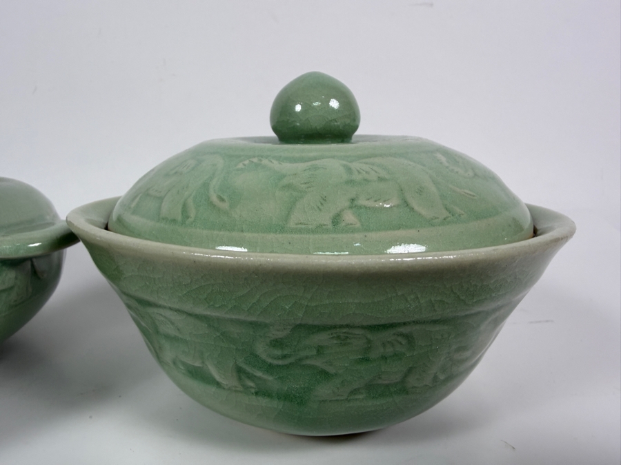 Just Added - Pair of Baan Celadon Ceramic Covered Bowls from Thailand 10W and 6W [Photo 6]