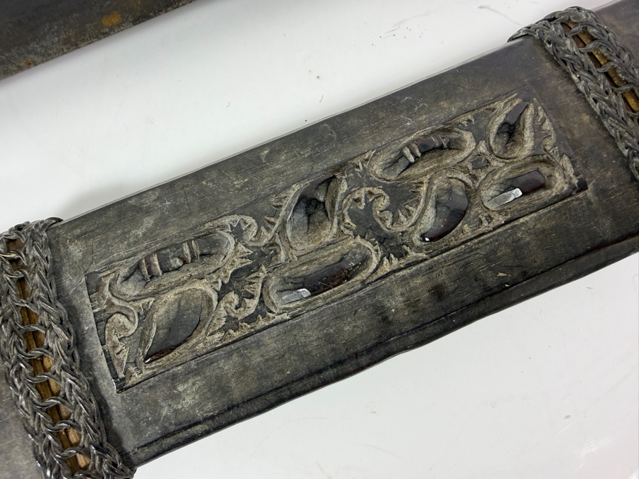 Just Added - Stunning Antique Indonesian Iban Dayak Mandau Sword With Carved Sheath from Borneo - See Photos for Details 25'L [Photo 7]
