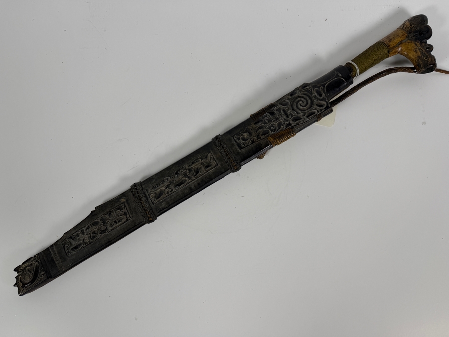 Just Added - Stunning Antique Indonesian Iban Dayak Mandau Sword With Carved Sheath from Borneo - See Photos for Details 25'L [Photo 20]