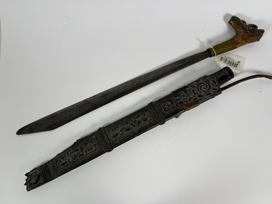 Just Added - Stunning Antique Indonesian Iban Dayak Mandau Sword With Carved Sheath from Borneo - See Photos for Details 25'L [Photo 13]