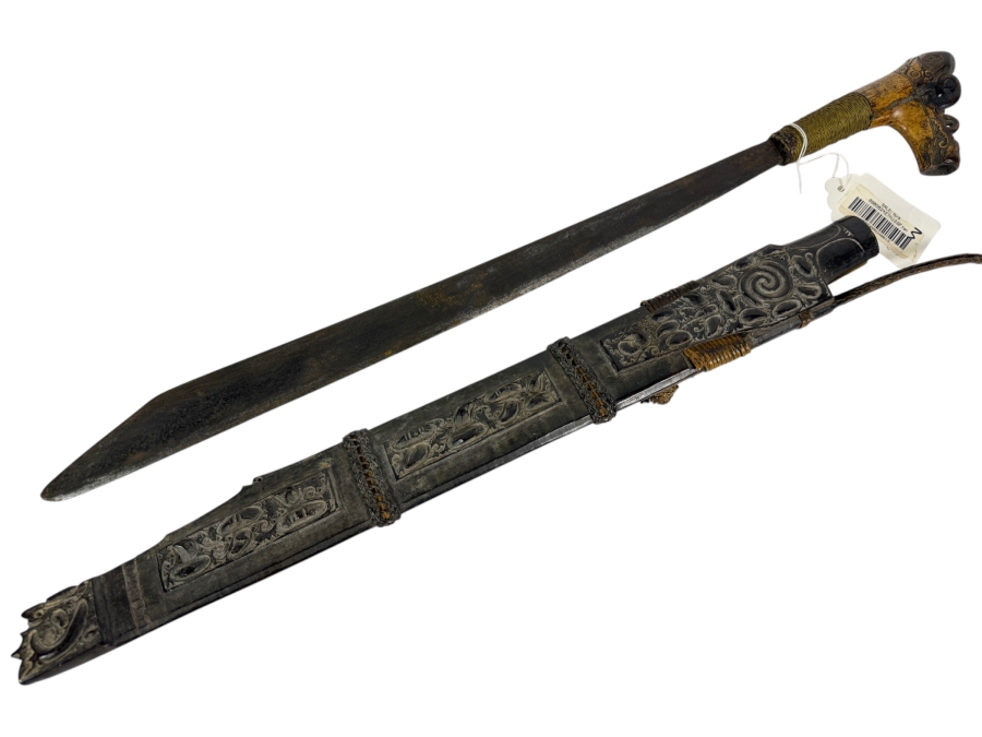 Just Added - Stunning Antique Indonesian Iban Dayak Mandau Sword With Carved Sheath from Borneo - See Photos for Details 25'L