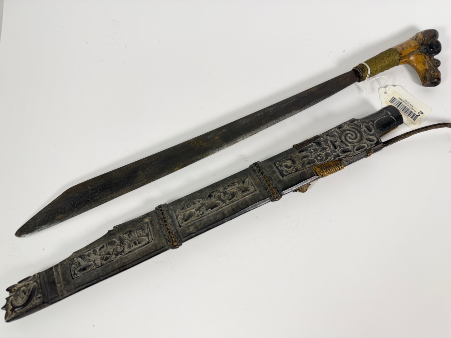 Just Added - Stunning Antique Indonesian Iban Dayak Mandau Sword With Carved Sheath from Borneo - See Photos for Details 25'L [Photo 2]