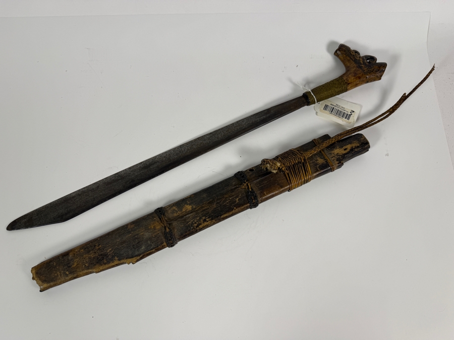 Just Added - Stunning Antique Indonesian Iban Dayak Mandau Sword With Carved Sheath from Borneo - See Photos for Details 25'L [Photo 14]