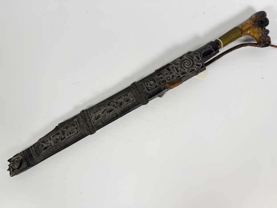 Just Added - Stunning Antique Indonesian Iban Dayak Mandau Sword With Carved Sheath from Borneo - See Photos for Details 25'L [Photo 21]