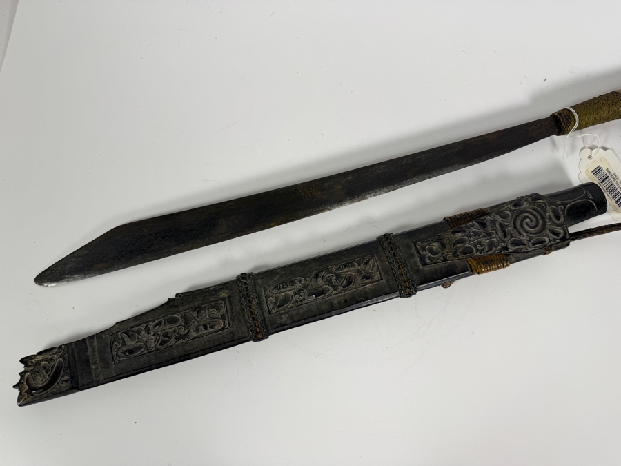 Just Added - Stunning Antique Indonesian Iban Dayak Mandau Sword With Carved Sheath from Borneo - See Photos for Details 25'L [Photo 11]